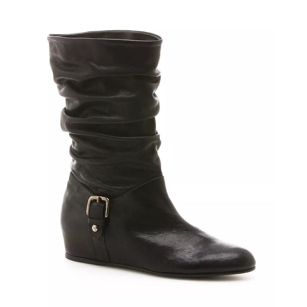 Stuart Weitzman Rugerio Boots Womens 7 M Black Leather Wedge Slouchy Moto